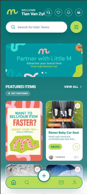 Little M Marketplace screen showing featured children's items