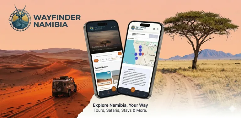 Wayfinder Namibia travel app shown across two phone mockups in the Namibian landscape