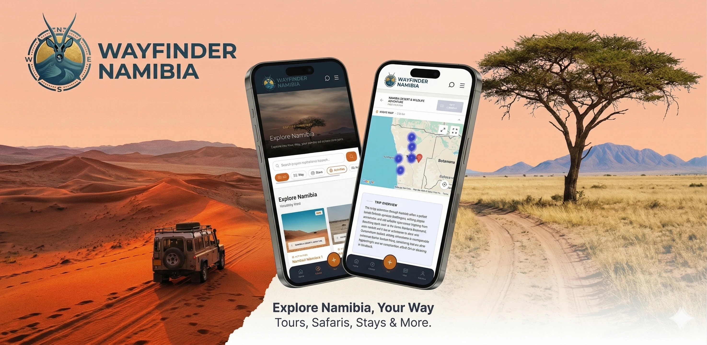 Wayfinder Namibia travel app shown across two phone mockups in the Namibian landscape